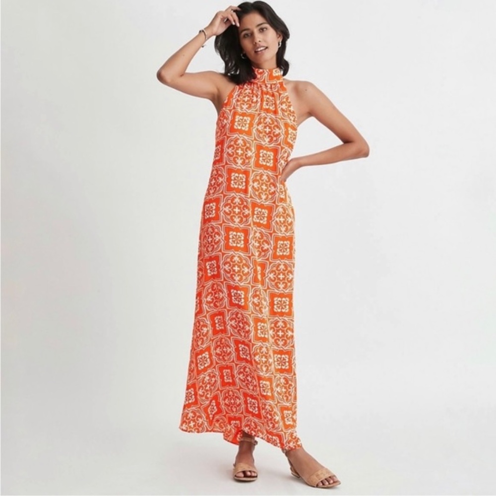 Ann Taylor Tiled Halter Maxi Dress - Jupiter Orange - US XXS Petite